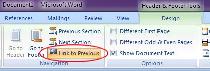 Microsoft Word 2007: Header & Footer Tools - Link to Previous button