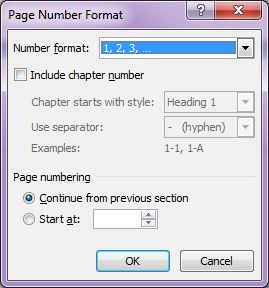 Microsoft Word 2007: Page Number Format dialog box