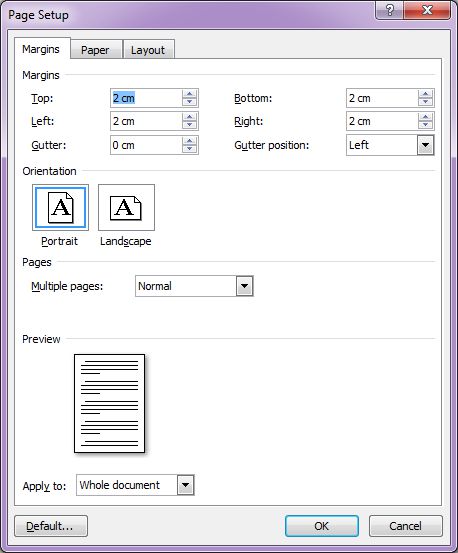 Microsoft Word 2007: Page Setup dialog box - Margins tab