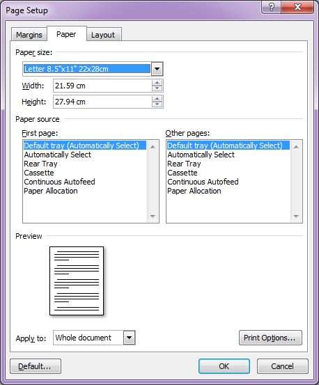 Microsoft Word 2007: Page Setup dialog box with Paper tab