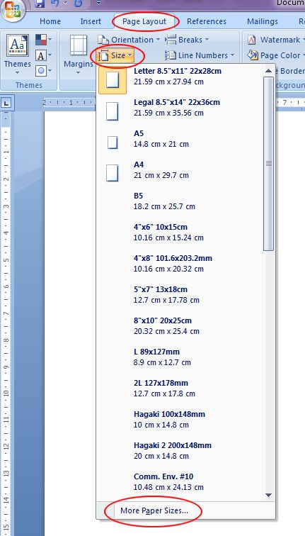 Microsoft Word 2007: Size button