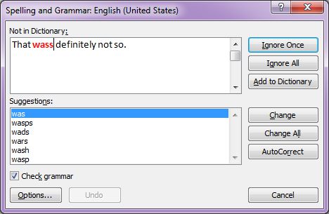 Microsoft Word 2007: Spelling and Grammar dialog box