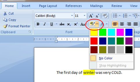 Word 2007 Tutorial: Text Highlight Color button
