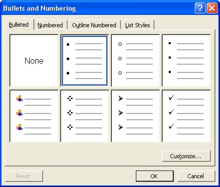 Microsoft Word Help: Bulleted tab dialog box