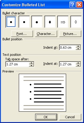 Microsoft Word Help: customize bulleted list dialog box