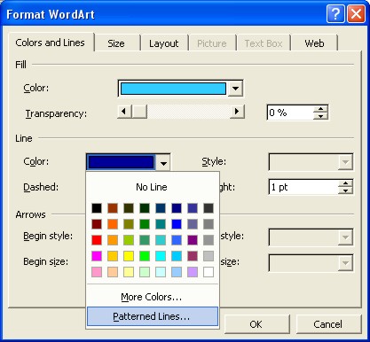 Microsoft Word Art: Format Word dialog box for Line color