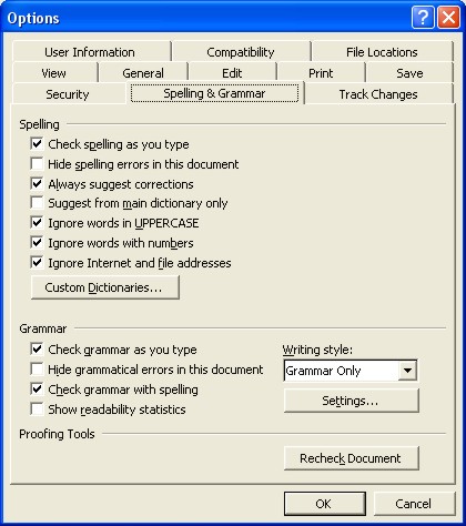 Spelling Word: Options dialog box Spelling Word: Options dialog box